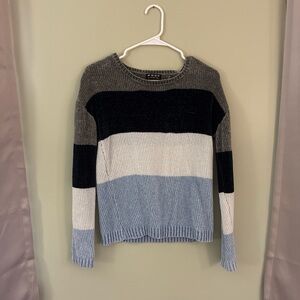 Poof! Striped Crewneck Sweater in Gray, Black, White & Light Blue